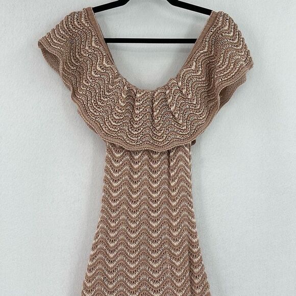 Galeria Tricot Tan White Striped Off The Shoulder Crochet Knit Maxi Dress Small - Picture 6 of 9